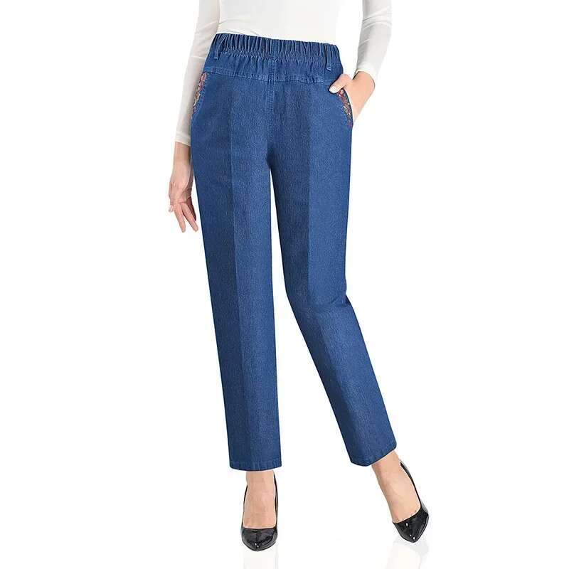 Mom's Spring/Summer Mid To Old Age Jeans Women's Loose Straight Sleeve 9-Point Embroidered Elastic High Waist