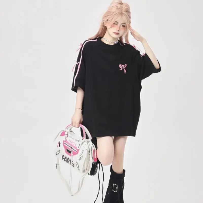 Korean style sweet bow loose womens short sleeved design T-shirt 2024 trendy high-end sweet and chic embroidered topT250320