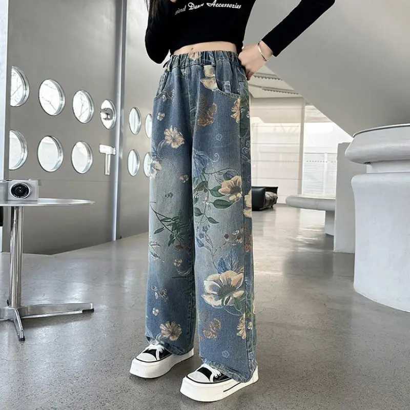 New Fashion Girls Jeans Childrens Denim Wide Leg Pants Flower Pattern Korean Youth Casual Trouser Girls Clothing Hot SellingT250326