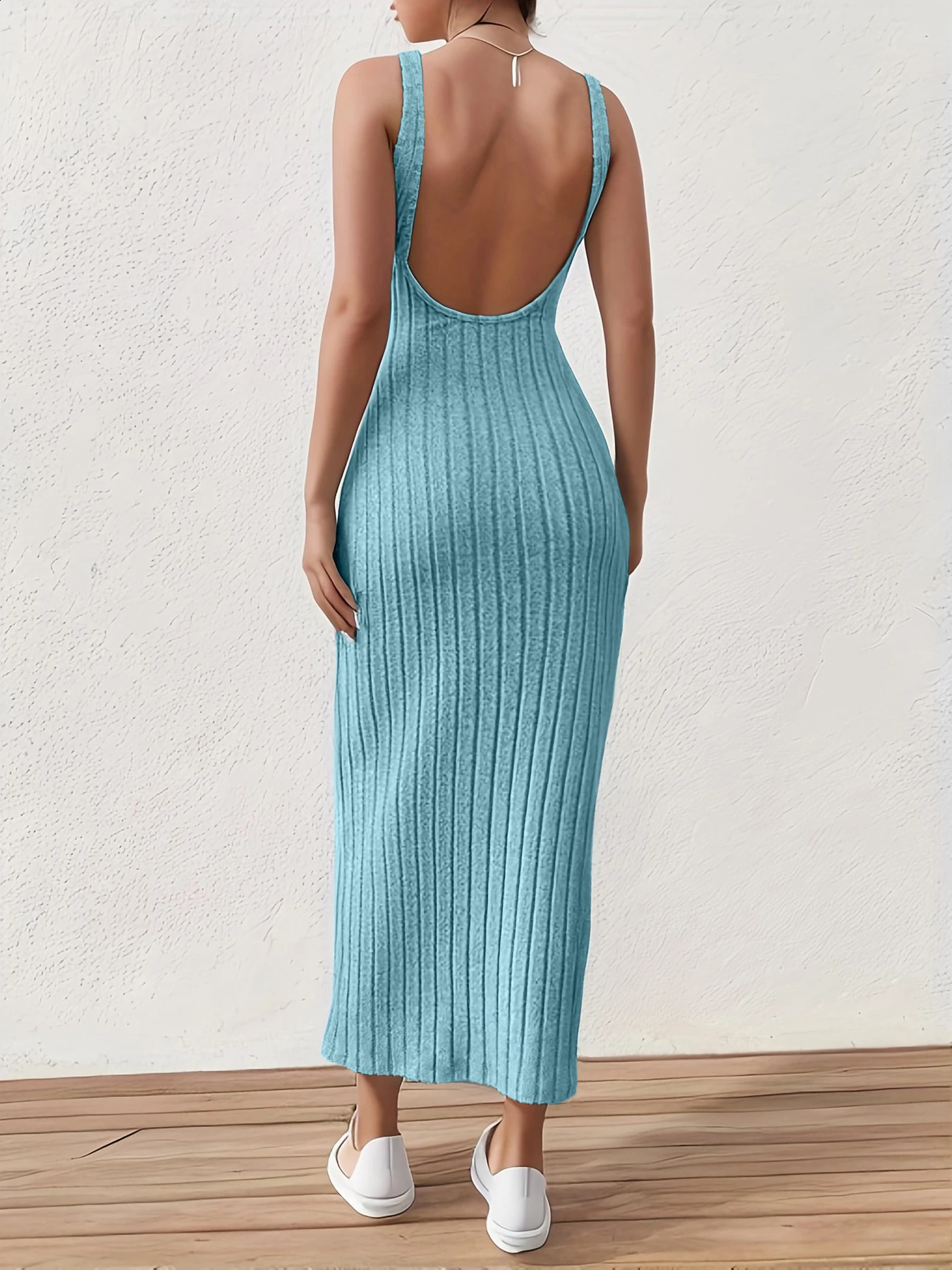 Solid Backless Tank DressSummer sexy backless mid-length knitted sleeveless dress 250319