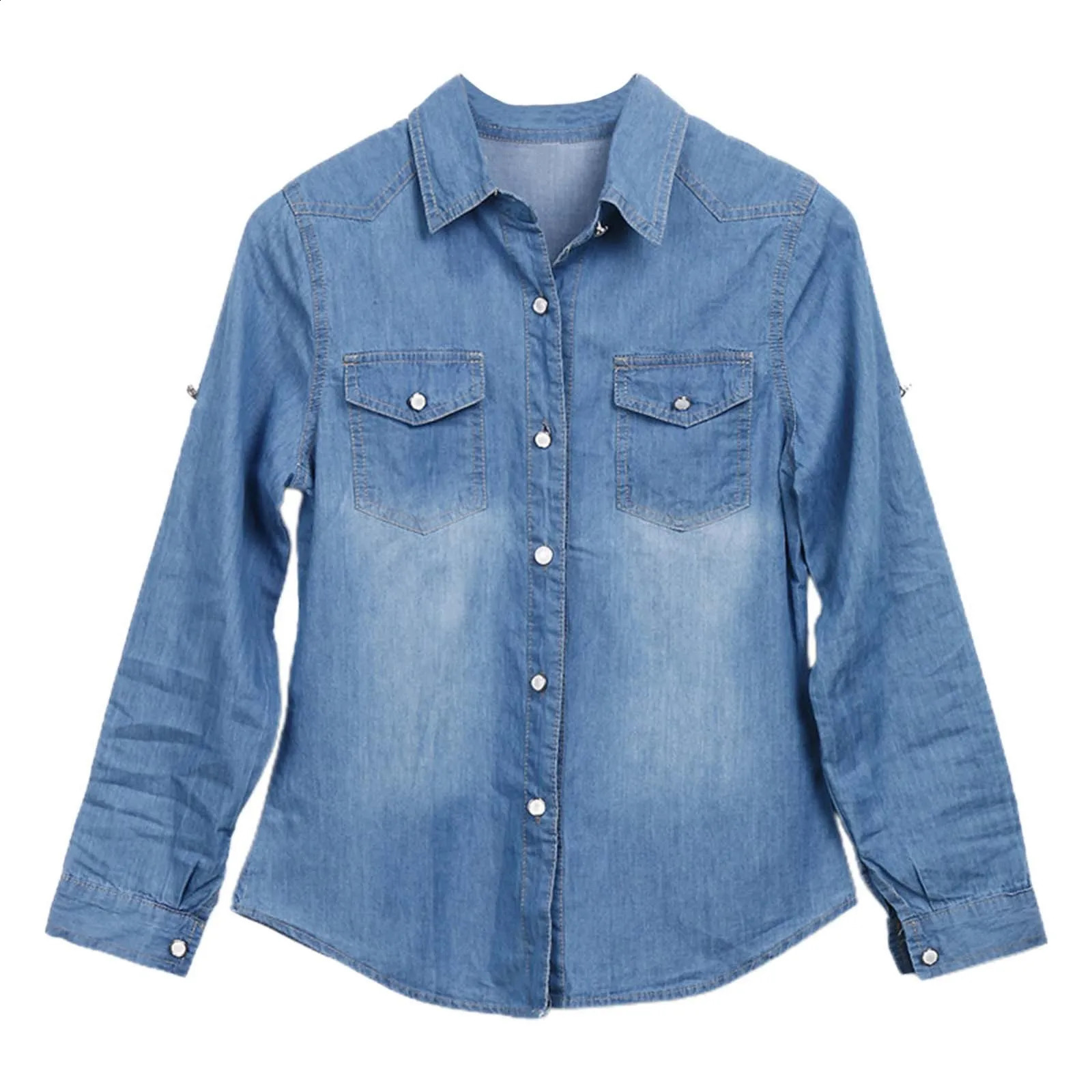 Long sleeved womens denim shirt for spring and summer classic retro jeans top retro casual button up top 250314