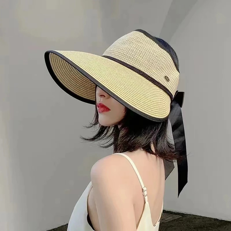 Summer Adjustable Ribbon Empty Top Straw Hats For Women Foldable Wide Large Brim Beach Hat Chapeau Femmeuv Protection Cap 250320