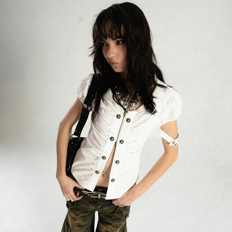 Karrcat Grunge Aesthetics Zipper T-shirt Trashy Y2k Irregular Tops Vintage Punk Short Sleeve Tee Shirt American Retro 250319