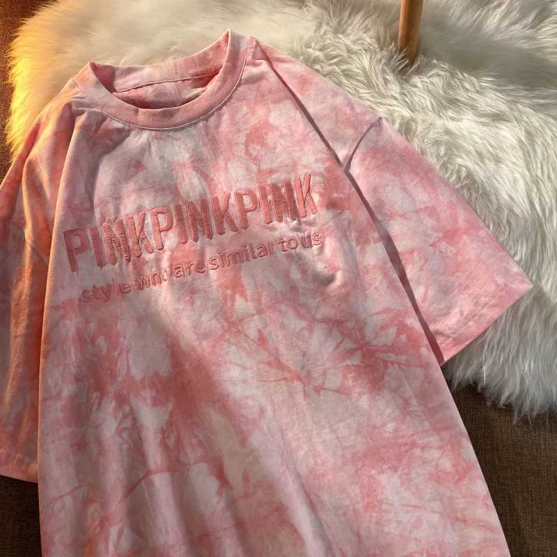 Tie dye embroidered short sleeved shirt Korean fashion trend womens T-shirt summer new 2024 fashion Y2K topT250320