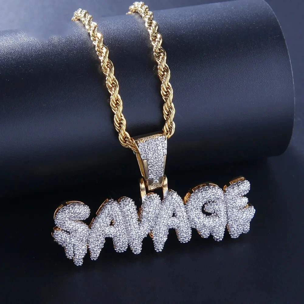 Iced Out Letter Savage Pendant Shiny Bing Cubic Zirconia Hip Hop Necklace Mens Cool Rock Rap Trend Jewelry 250320