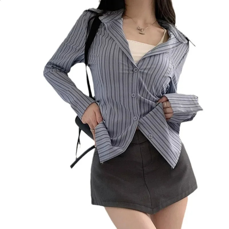 Blue Striped Long Sleeve Jacket for Women Spring and Autumn Sensual Nicheslims Smooth Silhouette 250314