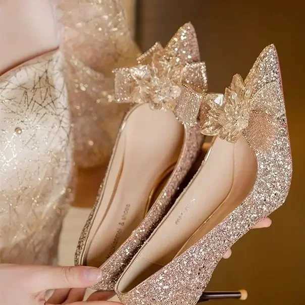 French crystal Sier High H Wens 2024 new bow solid shiny Wens shoes Wen Pointed Toe leisure pump Y250319