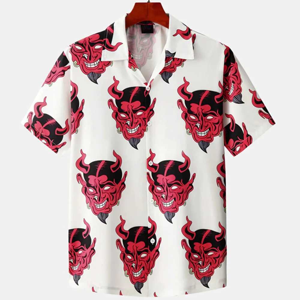Hawaiian mens Cuban collar devil print mens street clothing summer new short sleeved top mens trendy clothing M250320