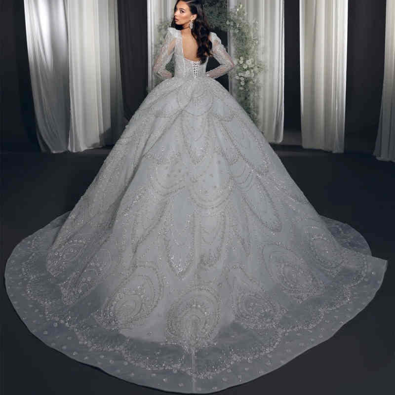 Exquisite Sequined Wedding Dresses Ball Gown Modern Long Sleeve Customized Vestido De Noiva Shiny Beading Lace Bridal Dress