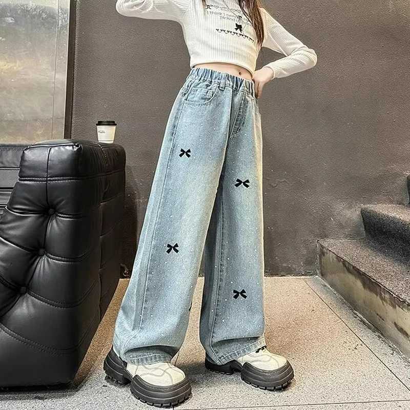 2025 Spring New Kids Jeans Trousers Child Casual Jeans with Bow Embroidery for Girl Fashion High Street Denim PantsT250326