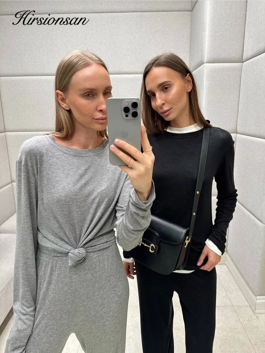 Hirssionsan Modal Soft Loose Set Womens Casual Two piece Long Sleeve T-shirt and High Waist Dress Set 250318