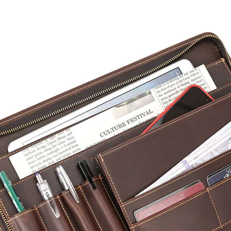 Luufan Mens Clutch For A4 Files Genuine Leather Zip Around Document Bag Ipad Case Cowhide Man Business Handbag Phone Bag