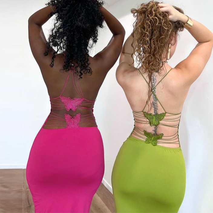 Summer Fashion Trend Women's New Hanging Neck, Open Back, Slim Fit Print, Wrapped Hip Dress 250315