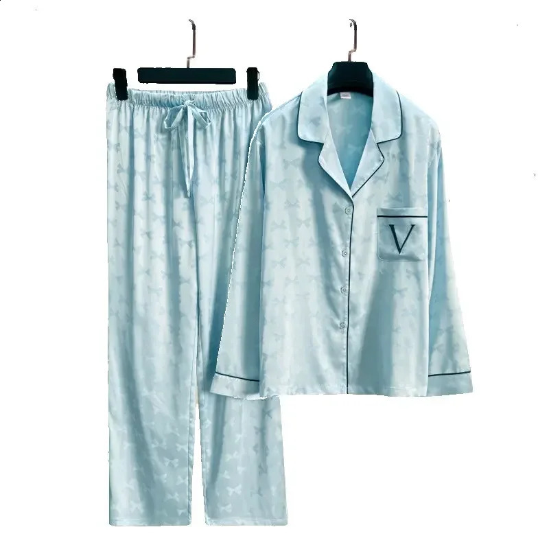 Autumn Womens Long Silk Pajamas Two -piece Satin Noodle Cardigan Casual Clothes Thin Fashion Loose Home Service 250319