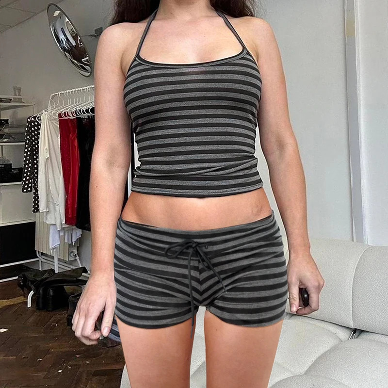 HEYounGIRL Striped Casual Homewear Backless Halter Camisole and Tiny Shorts Y2K Set Summer Contrast Color Basic Two Piece Sets 250319