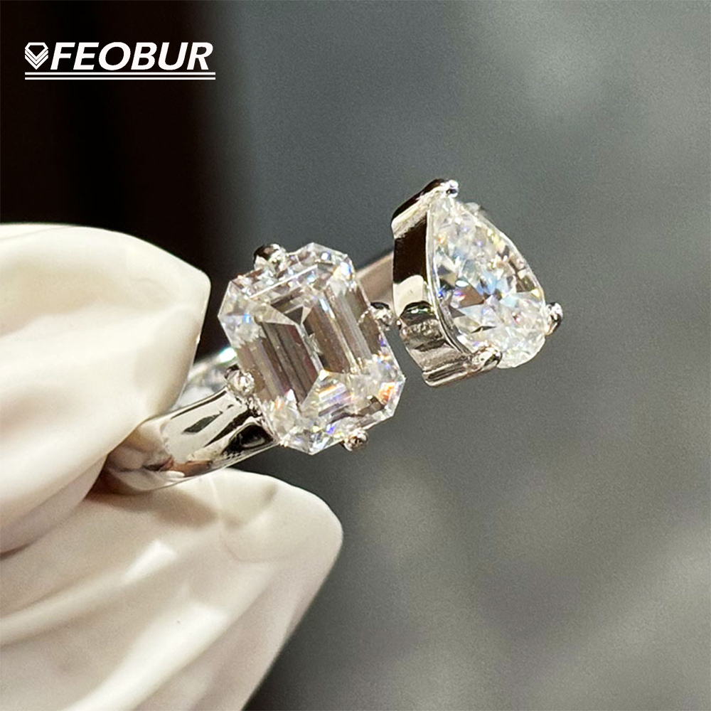 FEOBUR 3.25cttw Radiant Pear Cut Moissanite Diamond Rings for Wome S925 Sterling Silver Two-stone Open Ring Wedding Jewelry