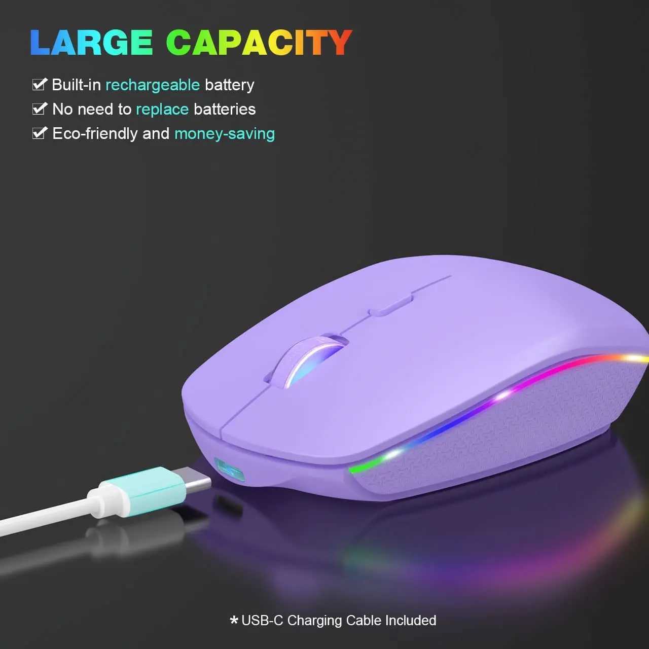 Rechargeable Wireless Mouse with LED Backlight 3 Adjustable DPI USB-C Charging Silent Ergonomic Compact Portable for PC Laptop Z250320