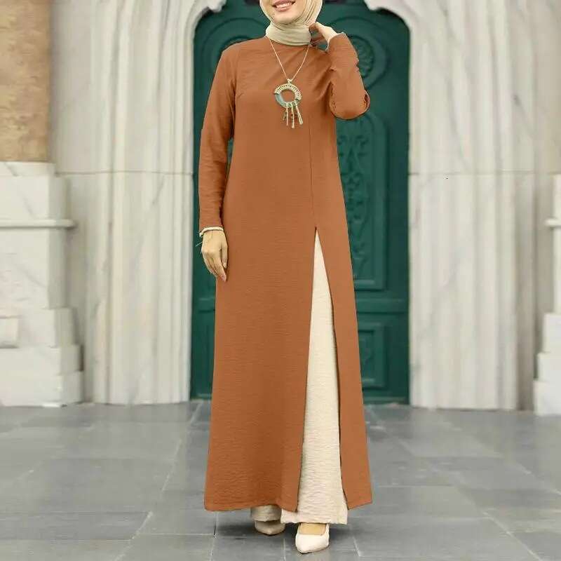 Muslim Ice Silk Wrinkled Long Sleeved High Slit Hem Dress, Fashionable Solid Color Elegant Intellectual Women's Robe