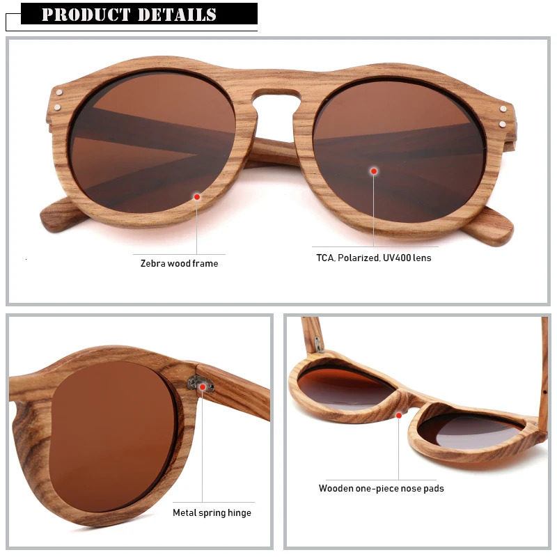 100% Real Zebra Wood Sun Glasses Women Round Wooden Sunglasses UV400 Fashion Sunglass Sport Sun Glasses Driving 250318