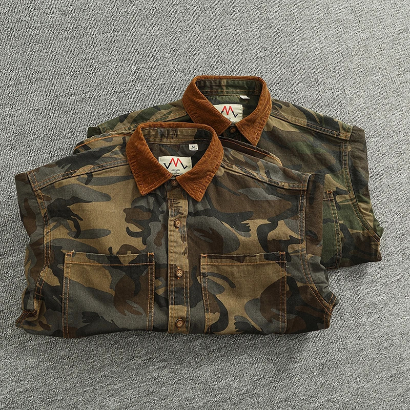 Spring American Retro Woven Twill Camouflage Cargo Shirt Mens 100% Cotton Washed Old Double Pocket Blouser Thin Jacket 250317