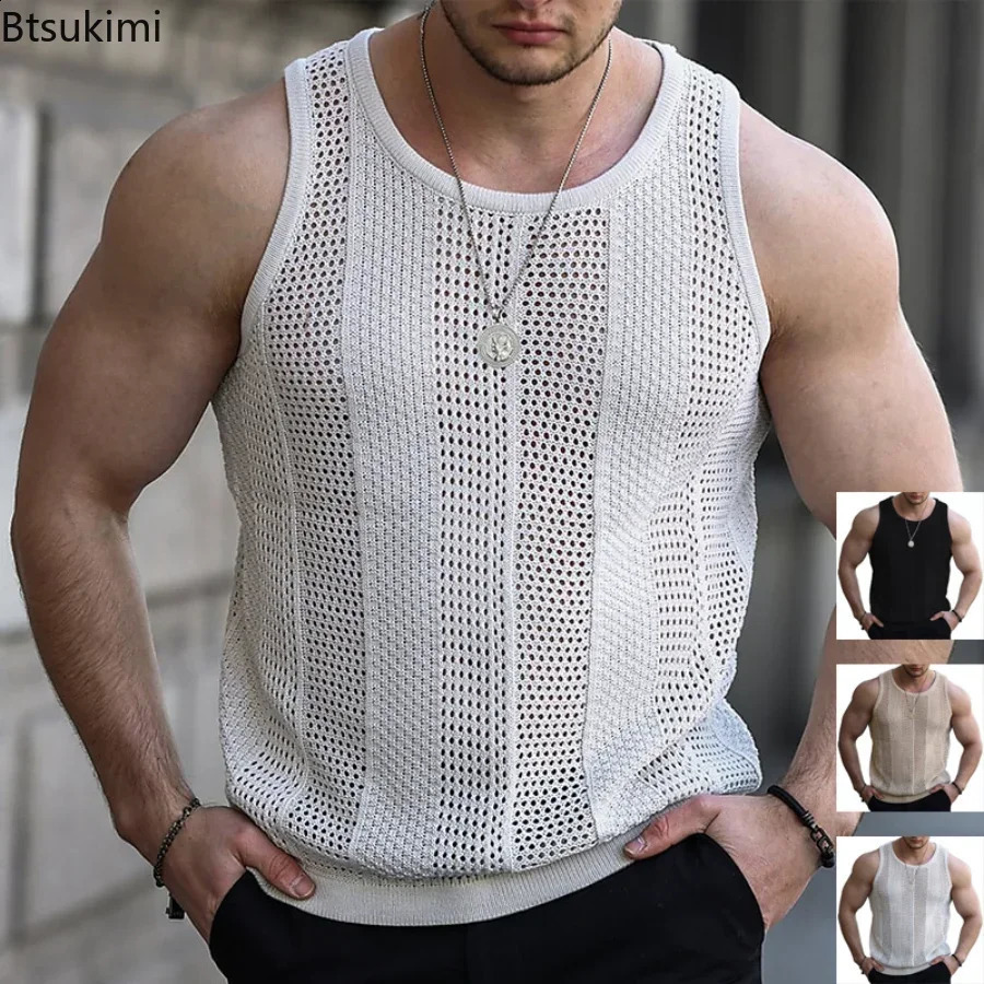 mens summer vest lace hollow sleeveless mens summer clothing ultra-thin fitness sportswear solid vest 250318