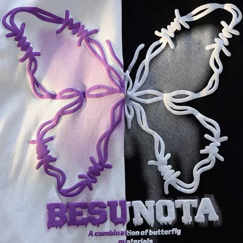Retro butterfly collar cotton T-shirt short sleeved American style womens summer fashion street couple retro topT250320