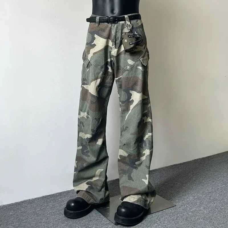 American style retro camouflage unisex pants 2025 Ropa Y2K mens new washed pure cotton straight wide leg pantsT250319