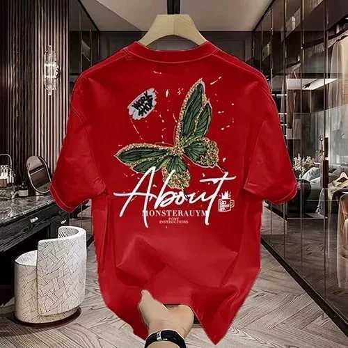 2024 New Womens Butterfly Printed Cotton Short Sleeve T-shirt Loose Fashion Edition Top Simple High Quality TopT250320
