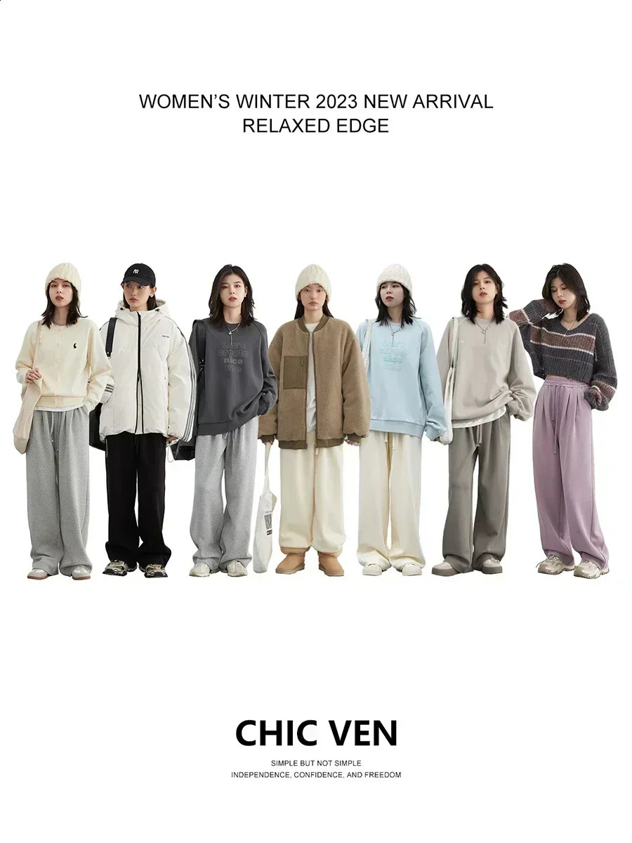 CHIC VEN womens solid loose brushed sports casual mens high waisted pants autumn/winter 250314