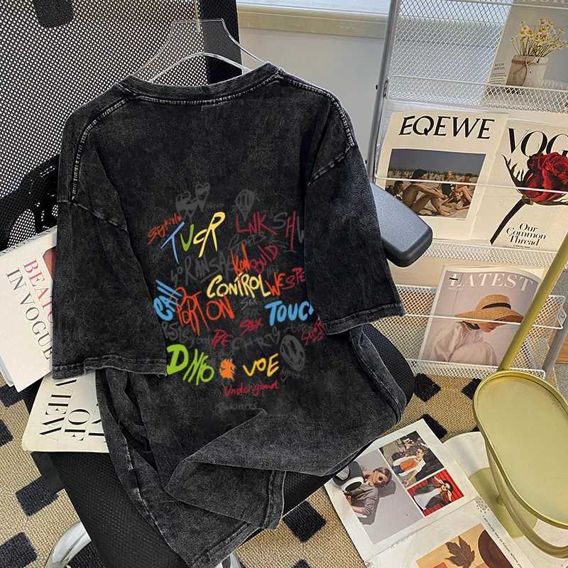 American style retro color letter printed womens T-shirt 2024 new summer trend washed black top Harajuku handsome street T-shirtT250320