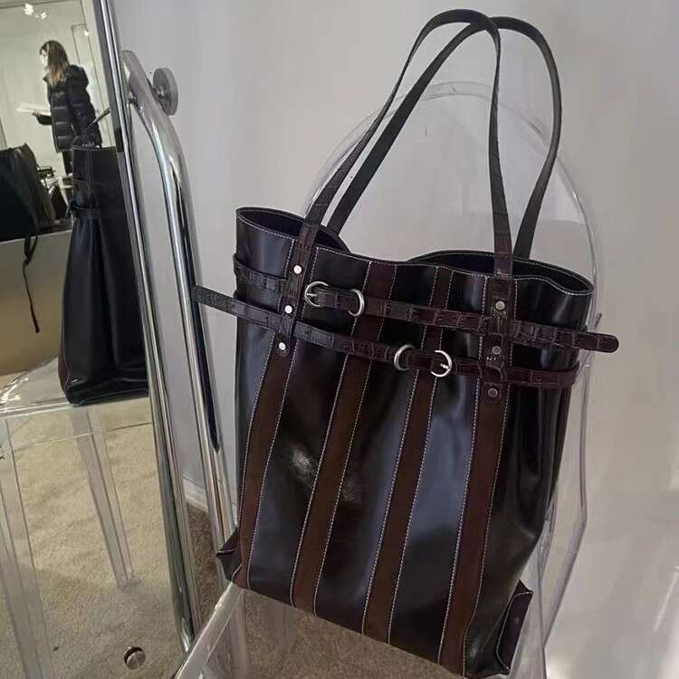 Vintage Large Capacity Tote Designer Color Block Leather Belt Buckle Underarm Handbag For Women Shopping Bag