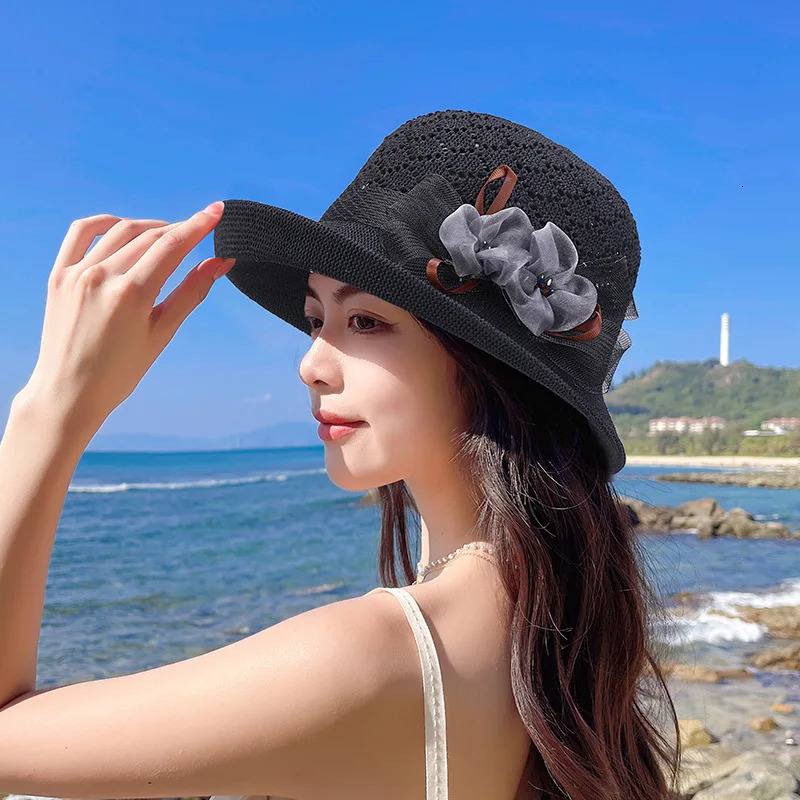 Summer Solid Floppy Straw Hats For Women Elegant Flowers Accessories Panama Hat Ladies Knitted Bucket Cap Beach Sun Cap 250320