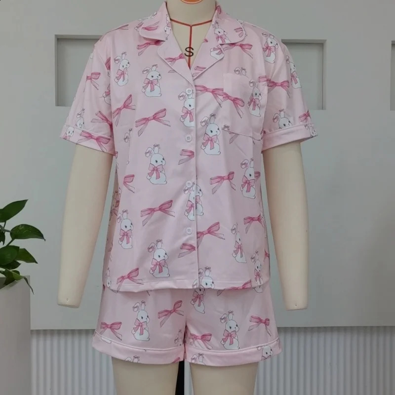 Women 2 Piece Easter Pajamas Set Short Sleeve Button Up Shirt Pjs Shorts Preppy Set Cute Easter Bunny Egg Sleepwear Loungewear 250319