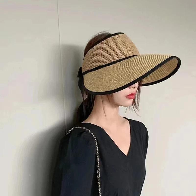 Summer Adjustable Ribbon Empty Top Straw Hats For Women Foldable Wide Large Brim Beach Hat Chapeau Femmeuv Protection Cap 250320