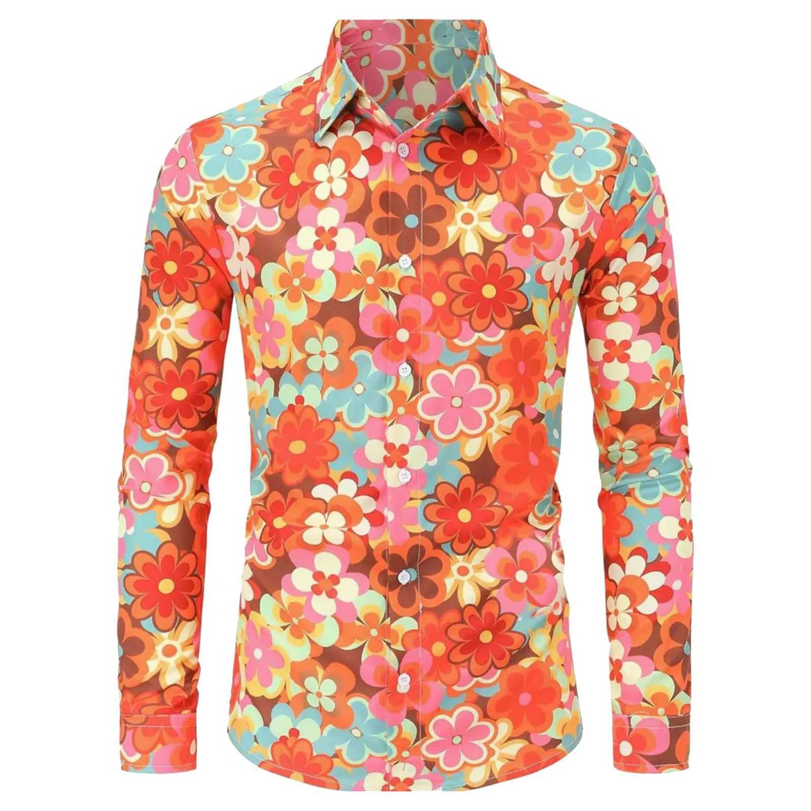 New mens retro 80s hip-hop costume retro printed long sleeved shirt Halloween carnival disco party costume M250319