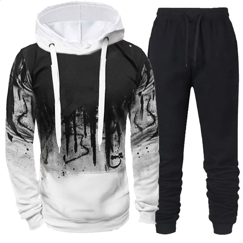 Autumn and winter trend tracking clothing mens camouflage hooded sweatshirtpants 2piece set sportswear wearing 3D ink jogging suit 250319