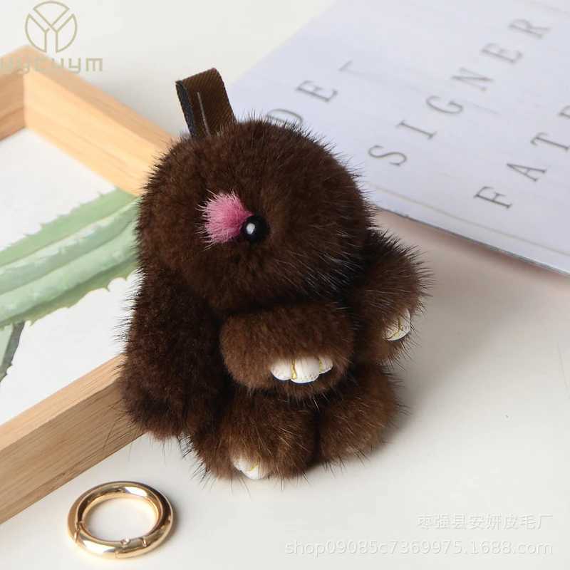 Cute rabbit real mink keychain womens bag decoration pavilion plush rabbit pendant car keyring birthday gift girl accessoriesXJ250319