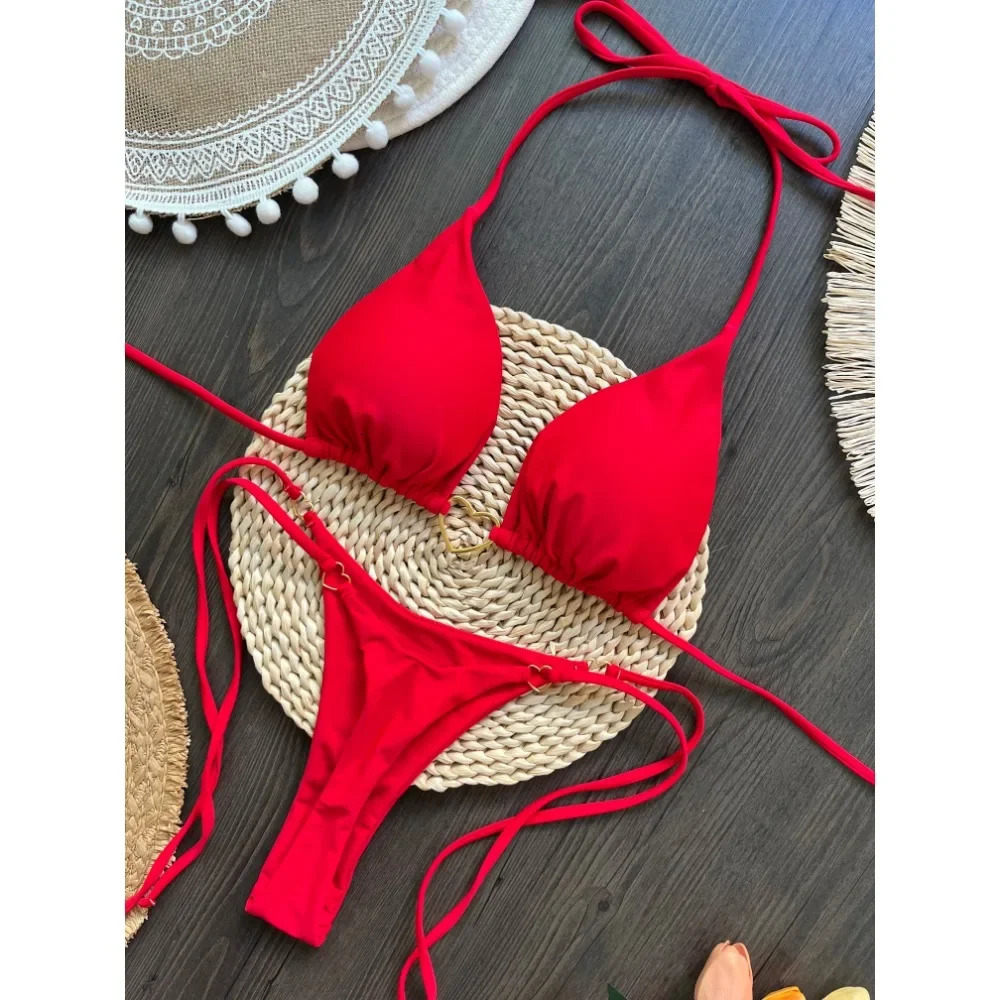 Sexy Halter Solid Bikini Set Womens Swimsuit Two-piece Triangle Thong Swimwear Bathing Suit Brazilian Biquinis 250320