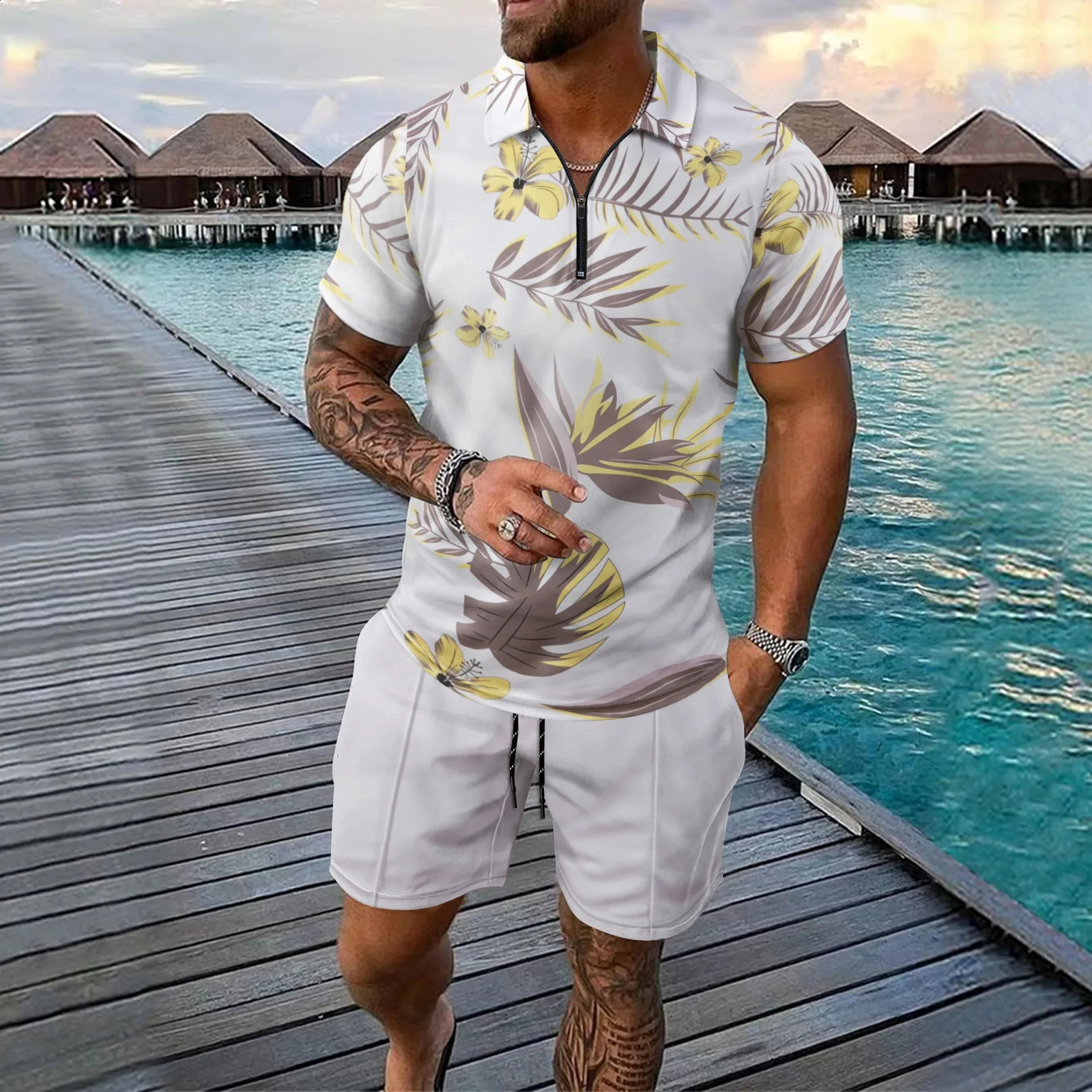 Summer Mens Beach Casual Zipper Top Short Sleeve Printed T-shirt Two Piece Brushed Shorts Set 250314