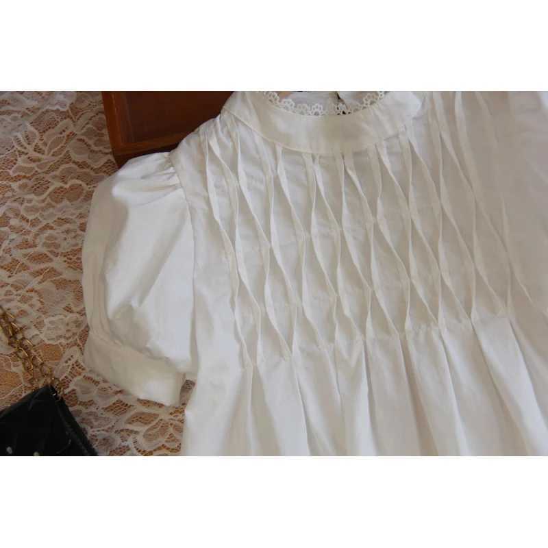 Girl Summer White Shirt Cotton Korean Lace Collar Top Preschool Fashion Childrens Short sleeved T-shirt 4 8 12 14 16T250320