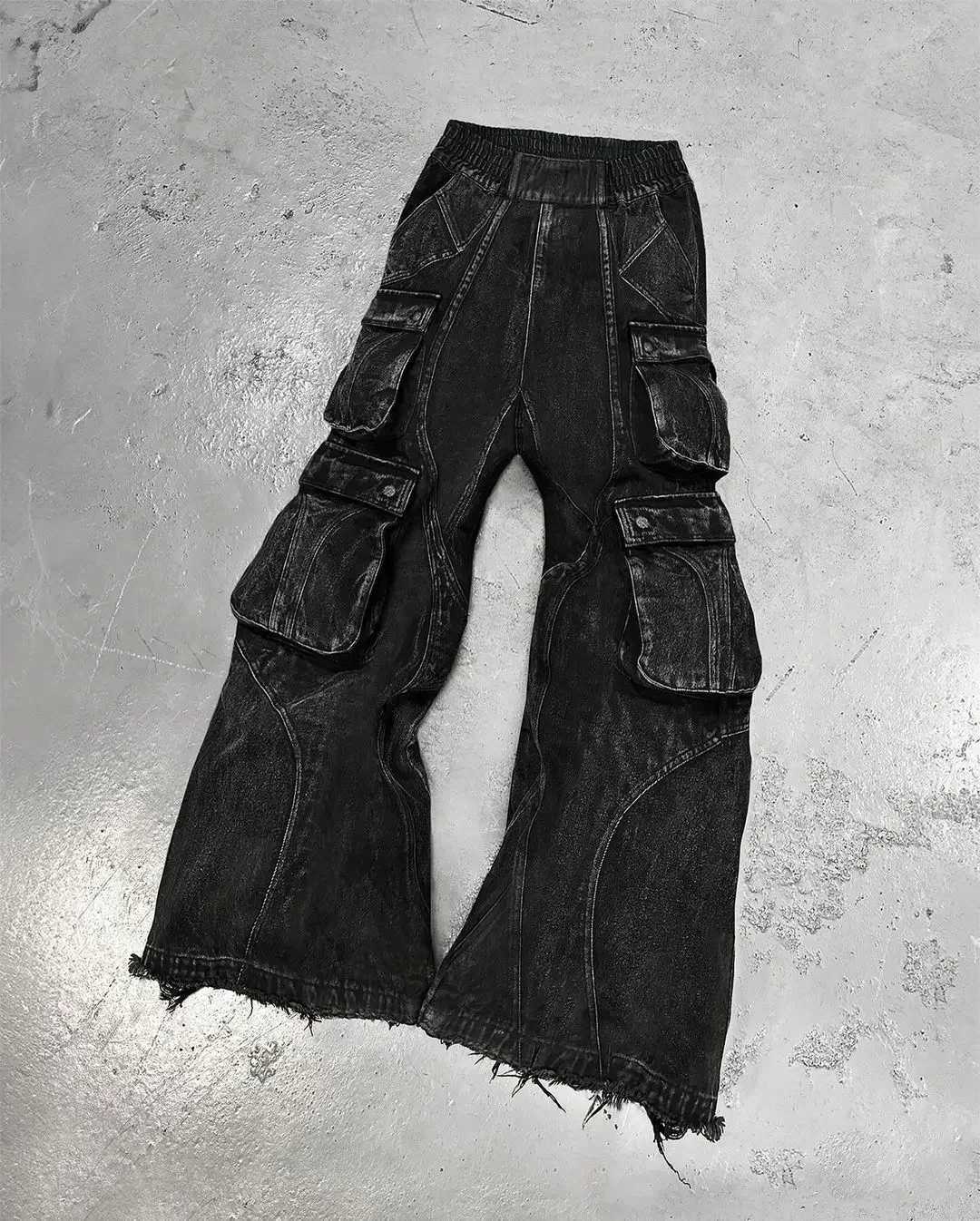American retro gothic black Y2K washed multi pocket patchwork original edge jeans mens loose street trend hip-hop rap wide leg pantsT250319