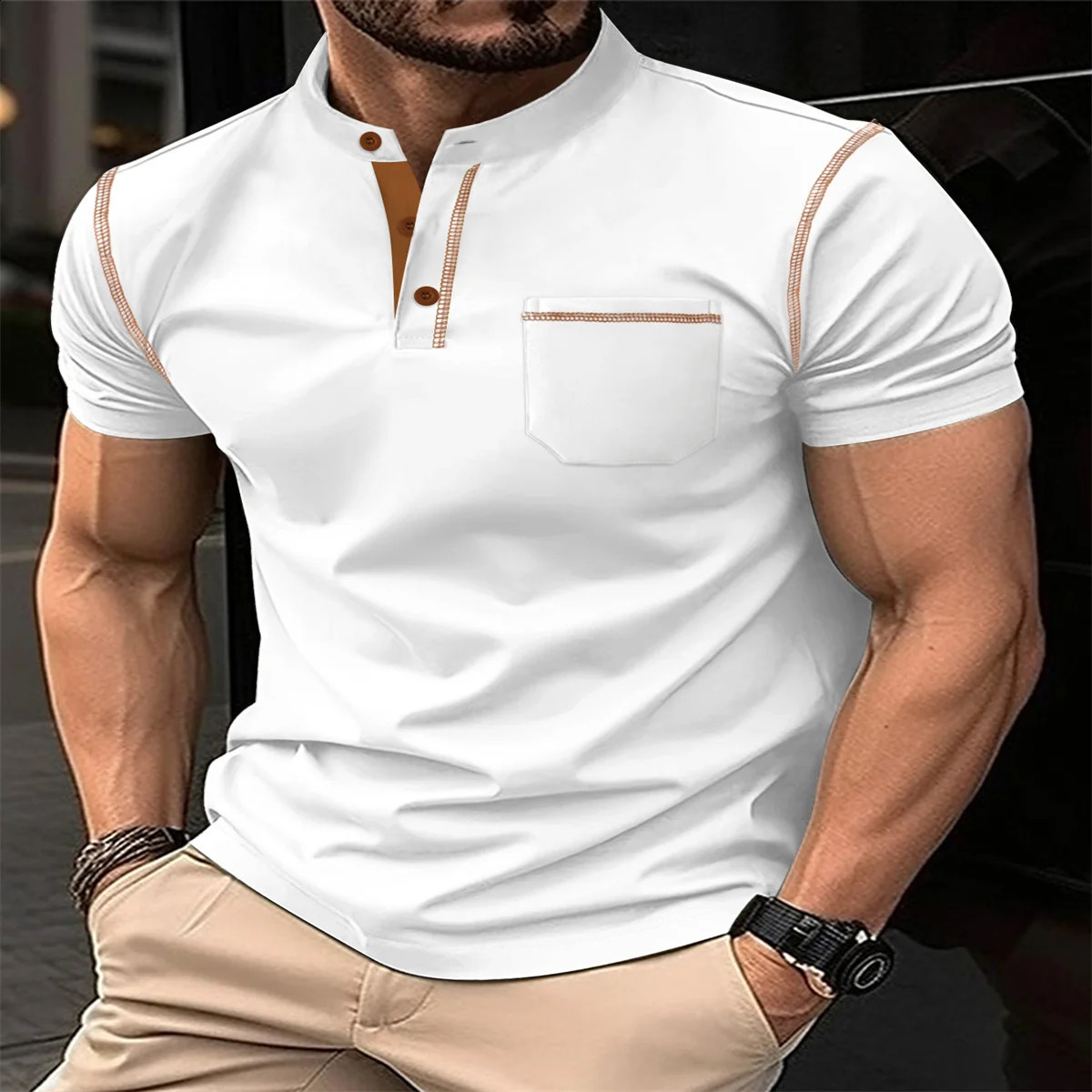 Summer Mens Fashion Outdoor Sports Casual Style Solid Color Stand Collar Patchwork Pocket Loose Short Sleeve POLO Shirt 250319