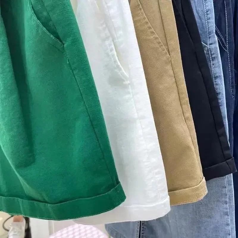 Womens Summer Shorts 2025 Beautiful Cotton Wide-leg Shorts Casual Solid Green Khaki Button Elastic Waist Denim Shorts Women 250320