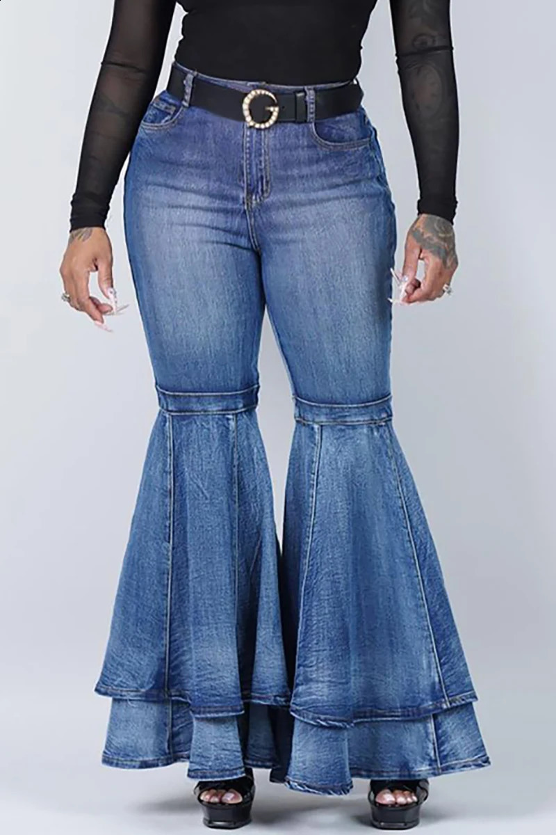 Plus Size Casual Denim Hollowed Out Wide Leg Pants Ripped Jeans 250319