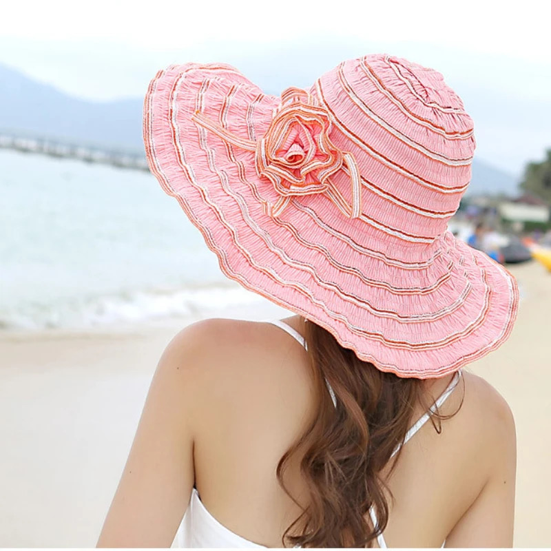 HT1676 Fashion Women Hat Korea Style Flower Packable Large Wide Brim Hat Anti-UV Adjustable Ladies Floppy Beach Sun Hat 250320