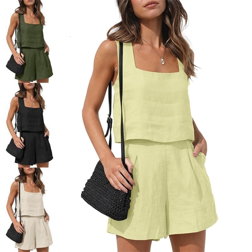 Casual simple solid summer retro 2-piece sleeveless vest cotton short straight leg pants and sweet womens clothing 250228