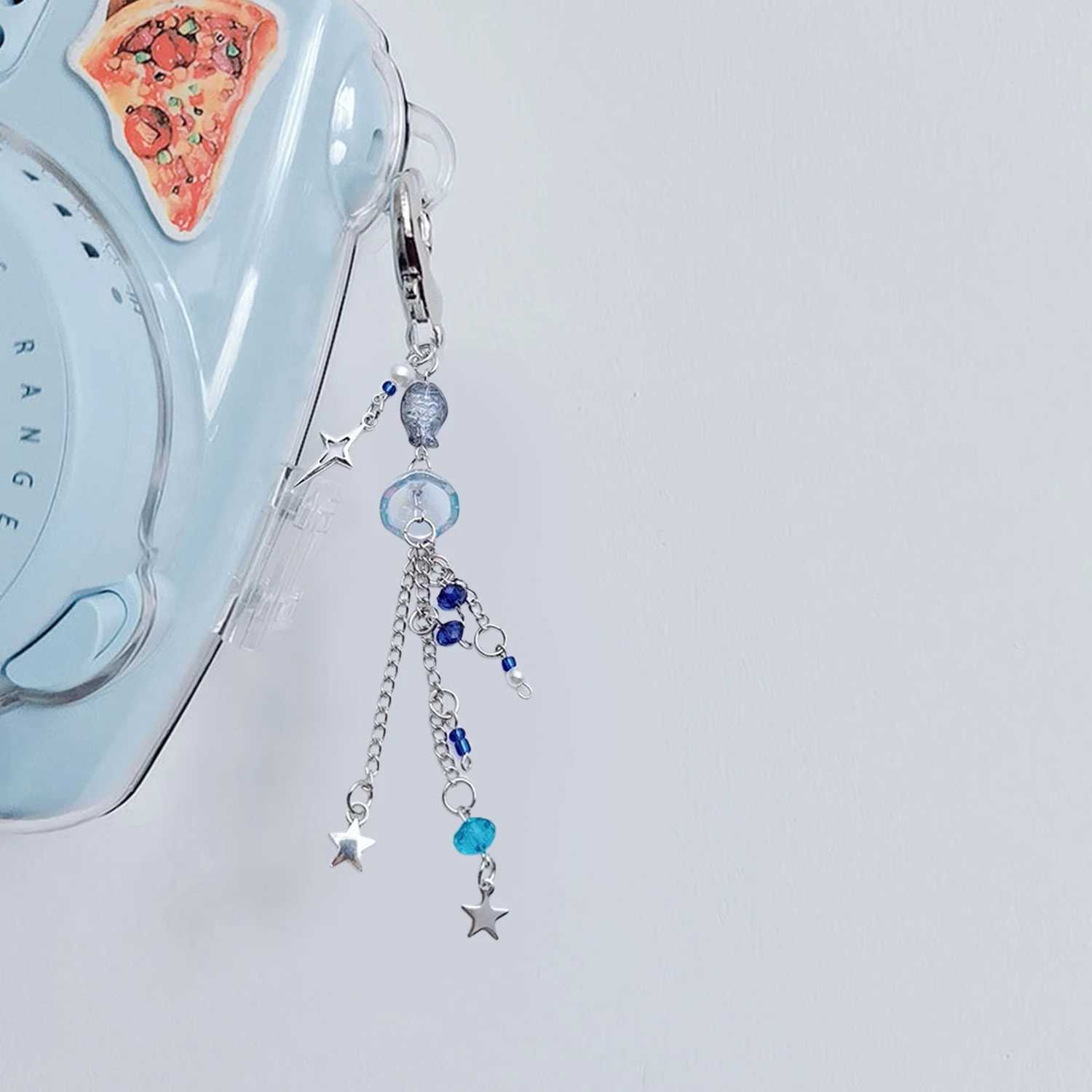 Ocean themed inspiration hollow star pendant blue jellyfish mobile phone charm hanging rope cute mobile phone chain with Y2K bead key chainXJ250319