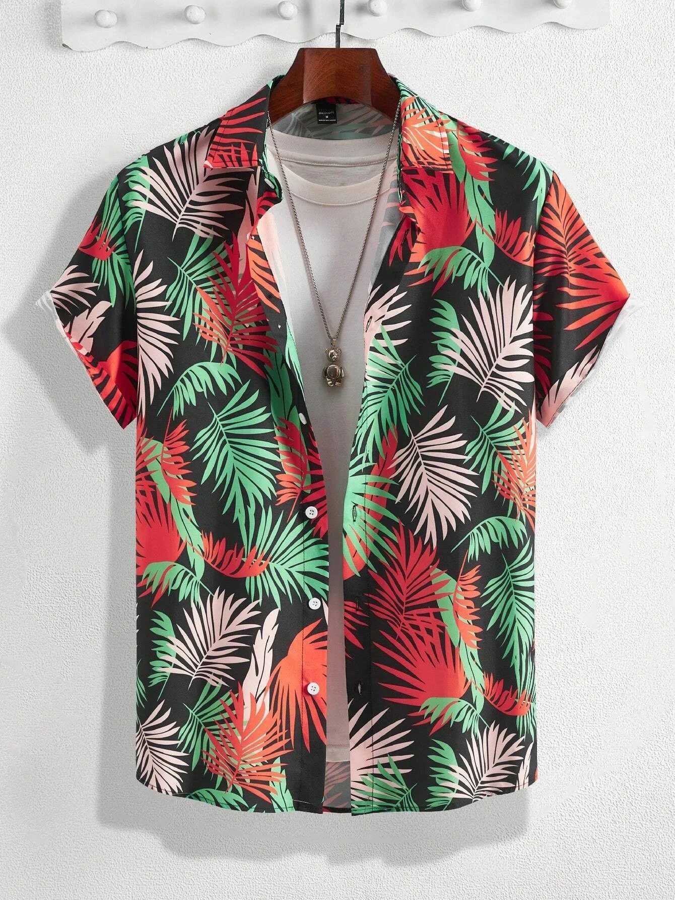 Hawaiian Botanical Flower Print Mens and Womens Short Sleeve Lapel Seaside Button-Down Shirt Top Casual Fashionable Shirts M250320