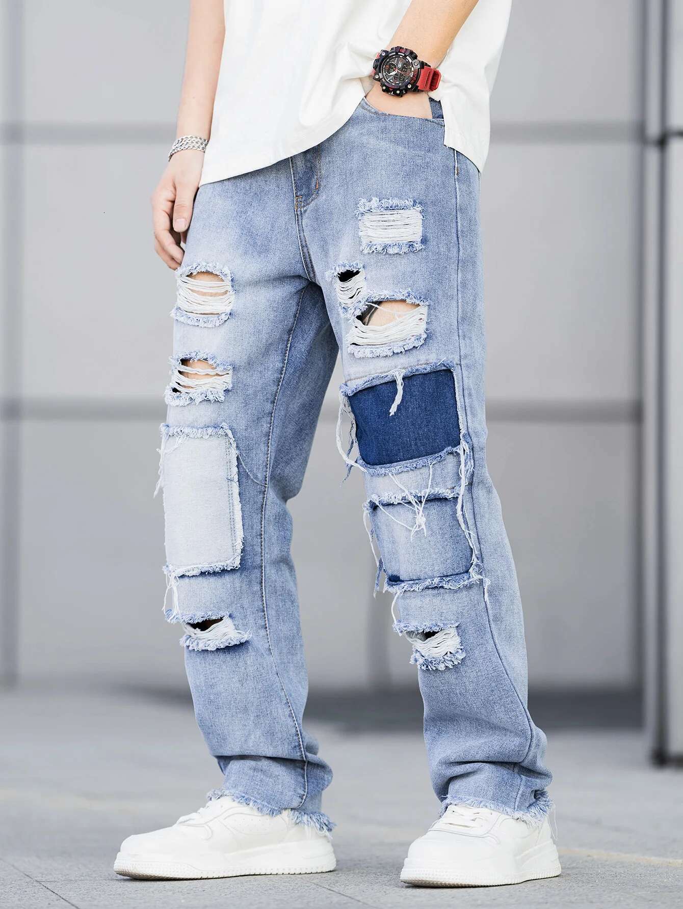 Designer Jeans For Men Repairing Holes In Men's Clothing Niche Loose Fashion Blue Casual Pants, Elastic Men's Clothing 2025 Fashionable Tren