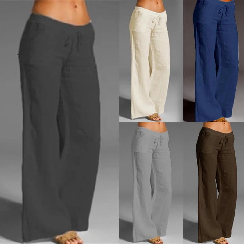 Women Cotton Linen Wide Leg Pants Fashion Elastic Drawstring Waist Straight Long Pants Loose Casual Solid Pockets Trousers 250320